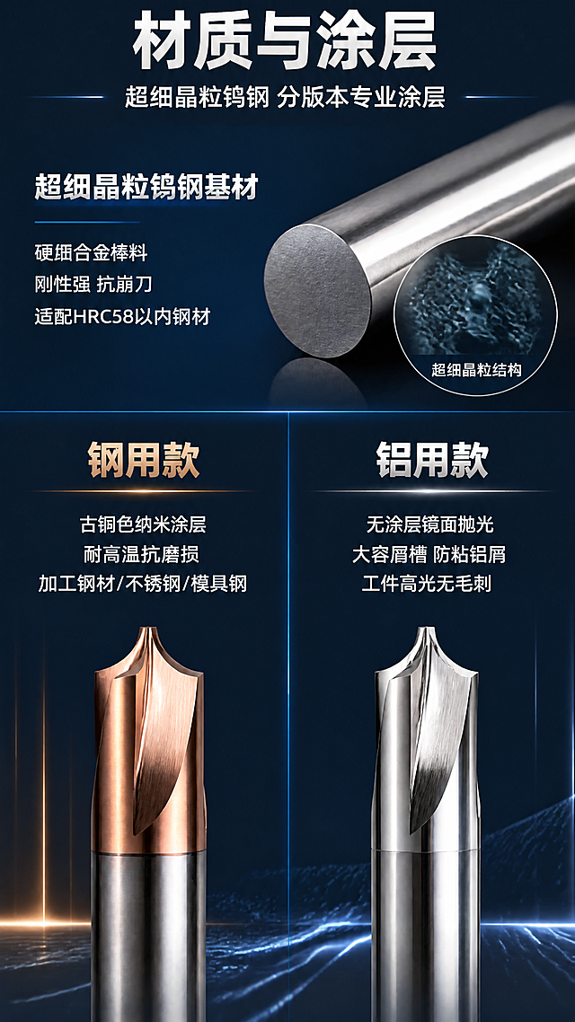 [第3张] 材质与涂层解析-钨钢内R刀基材与双版本涂层对比。本张使用【图1】作为钢用款产品主体。
[氛围/风格] 工业科技风，深蓝背景+金属材质特写，专业精密，突出材质质感，五金刀具详情页风格。
[元素布局] 上半部分左侧为基材说明区，右侧为钨钢棒料截面放大示意+分子结构图形；下半部分左右分栏对比：左栏「钢用款」配古铜色涂层刀具图，右栏「铝用款」配银色镜面抛光刀具示意；背景深蓝色渐变+科技光线条。
[光影质感] 侧光突出金属纹理与涂层质感，古铜色涂层呈现温润金属光泽，铝用款呈现镜面高光效果。
[配色色系] 全局底色 #0A2463（深蓝）；主色古铜金 #CD7F32（钢用）+ 亮银 #E8E8E8（铝用）；辅助色白色文字。
[视角构图] 上下分区+左右对比，阅读动线从上到下，左右对照。
[文字版式] 顶部主标题「材质与涂层」，副标题「超细晶粒钨钢 分版本专业涂层」，居中白色粗体；上半区「超细晶粒钨钢基材」+ 要点「硬质合金棒料 刚性强 抗崩刀 适配HRC58以内钢材」；下半区分栏标题左「钢用款」右「铝用款」；左栏要点「古铜色纳米涂层 耐高温抗磨损 加工钢材/不锈钢/模具钢」；右栏要点「无涂层镜面抛光 大容屑槽 防粘铝屑 工件高光无毛刺」。
[比例分辨率] 9:16 竖版比例，4K 分辨率，文字清晰可辨。
[负向提示词] 变形，水印，文字错乱，颜色偏差，材质表现错误，产品结构错误。