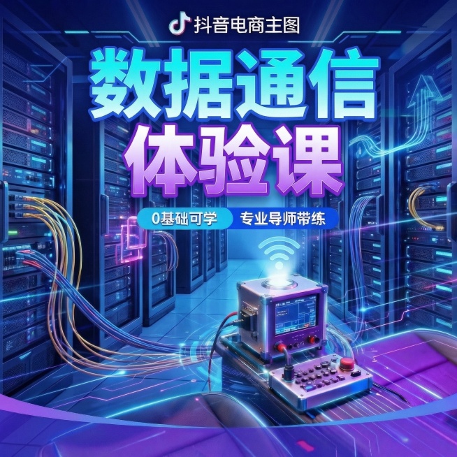 将原图片的主标题改为"数据通信体验课"，保留原抖音电商主图标识、0基础可学、专业导师带练的文字元素，保持原有的蓝紫科技赛博风格、发光线条科技元素，背景更换为数据机房、光纤线路、信号传输相关的科技场景，预览效果
