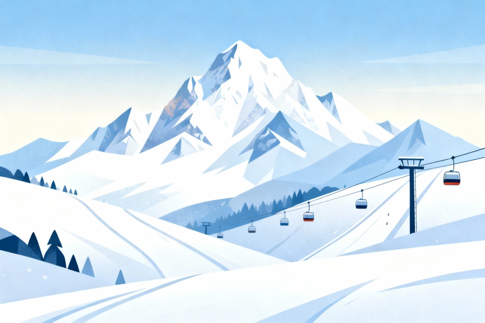 生成一组冬季户外场景图，天空呈现淡蓝色和白色渐变，远处是高耸如云的雪山，山峰覆盖着厚厚的白雪，滑雪场全景，背景有缆车与雪坡，扁平矢量插画预览效果