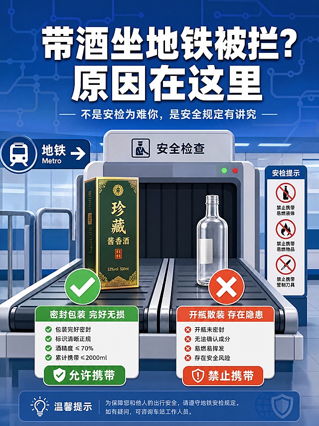 [画面] 公众号长图封面，竖版构图。画面中心是地铁安检通道的简化场景，安检传送带上放着一个包装精美的密封酒盒（有绿色对勾）和一个打开的透明瓶子（有红色叉号），形成鲜明对比。背景有地铁标识和安检机轮廓。画面上方有大标题文字区域，整体科普感强，生活气息浓厚。
[视觉] 套系策略：风格=扁平插画+微立体科普风格；标题字=粗黑体醒目大字；正文字=清晰易读的无衬线体；主色=地铁蓝（深蓝）；背景延展=从深蓝到浅蓝的渐变背景，带有地铁线路纹理暗纹；强调色=绿色（通过）和橙红色（禁止）；标题色=白色；正文色=浅灰；组件=圆角信息卡片、安检图标、对勾/叉号标识；光影=柔和顶光，层次清晰。
[文字] 画面上方居中主标题："带酒坐地铁被拦？原因在这里"，副标题小字："不是安检为难你，是安全规定有讲究"。文字全部横向排版，清晰可读，不遮挡主体物品。
[规格] 竖版比例3:4，4K分辨率，避免模糊、文字过小、颜色杂乱、写实人物面部、写实照片风格