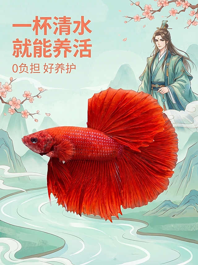 保留原有的所有文字内容和斗鱼，将背景颜色修改为浅松石绿，把右上角的古风女子换成中国古风帅哥，保持整体国风水墨风格不变