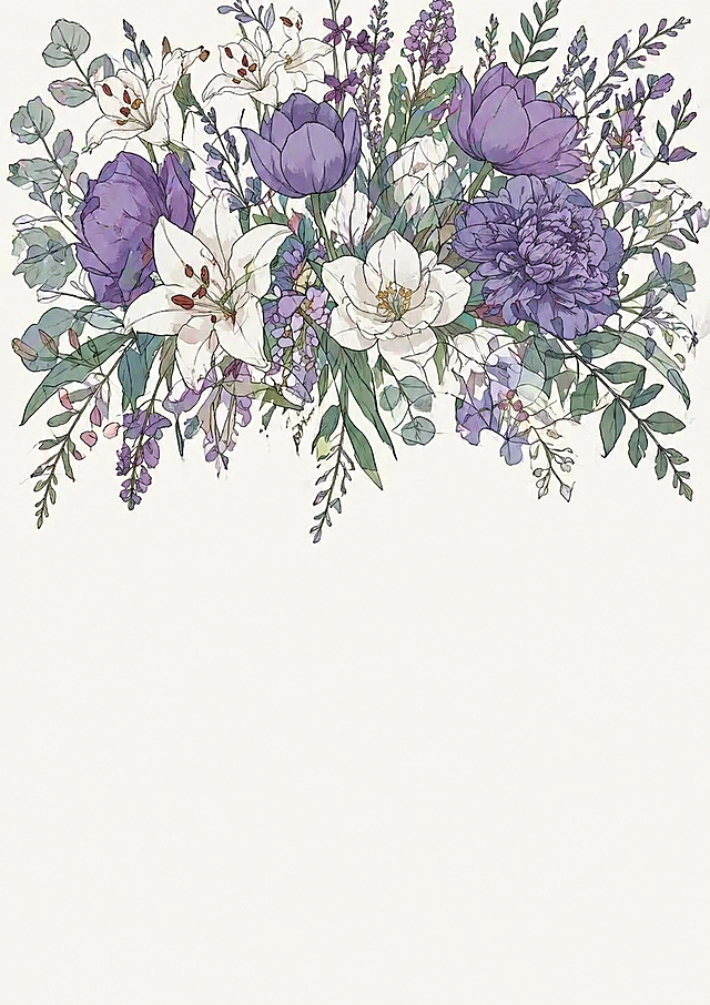 参考图1的线稿插画风格，结合图2的版型，生成一幅上半部分为花草、下半部分留白的花草图，保留紫色、白色和绿色的配色，保留精致线条插画风格