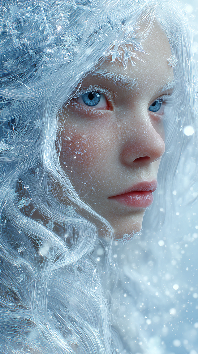 Close-up portrait of a beautiful ice queen with ultra-detailed, frost-covered silver-white hair flowing around her face, each strand rendered with crystalline clarity and glowing highlights. Her eyes are luminous sapphire blue, reflecting snowflakes and cold light. Delicate snowflakes float in the air around her, some resting on her skin and hair, others blurred in motion. She has soft rosy cheeks and slightly parted lips, expression serene yet powerful. Background is a dreamy gradient of icy blue and white with bokeh snow particles. Digital painting, fantasy anime style, hyper-realistic hair texture, cinematic lighting, shallow depth of field, vertical composition, 8k resolution, trending on ArtStation.，--ar 9:16 --v 6.0 --q 2 --stylize 750 --chaos 10