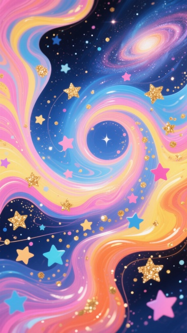 色彩斑斓的流体艺术背景，以蓝色、粉色、黄色和橙色为主色调，呈现出漩涡状的流动纹理和柔和的渐变效果，点缀着大小不一、颜色各异的五角星和金色闪光颗粒，整体风格梦幻、绚丽，充满动感和活力，画面中融入了更多形态各异的星云状花纹和细碎的光斑，营造出更加丰富的宇宙星空意境。预览效果