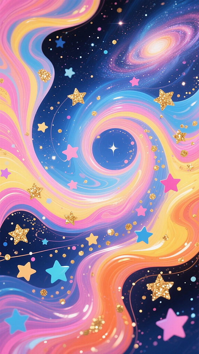 色彩斑斓的流体艺术背景，以蓝色、粉色、黄色和橙色为主色调，呈现出漩涡状的流动纹理和柔和的渐变效果，点缀着大小不一、颜色各异的五角星和金色闪光颗粒，整体风格梦幻、绚丽，充满动感和活力，画面中融入了更多形态各异的星云状花纹和细碎的光斑，营造出更加丰富的宇宙星空意境。