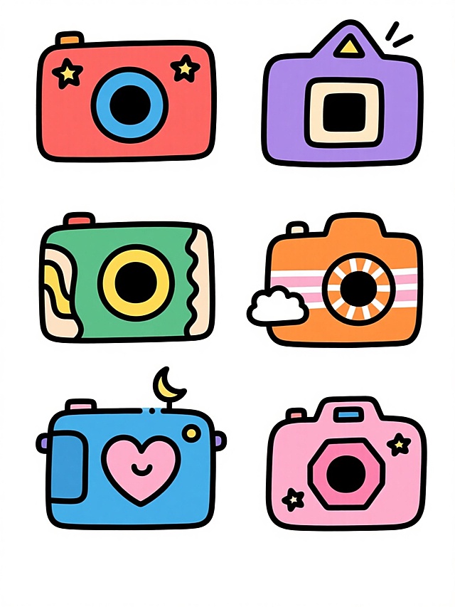白色背景上，六个造型完全不同但保持原元素内容的系列相机素材集合规整排布。每个相机都采用简约可爱的手绘卡通风格，线条圆润流畅，黑色描边清晰，具有明亮活泼的色彩搭配和简洁的形态结构。第一个相机为红色主体配蓝色镜头，顶部有两个星形装饰；第二个是绿色相机搭配黄色圆形镜头，侧边有波浪形花纹；第三个为紫色机身，镜头呈方形，顶部有三角形闪光灯；第四个是橙色相机，镜头周围有环形条纹，旁边有云朵图案；第五个为蓝色主体，镜头是心形，顶部有月亮装饰；第六个是粉色相机，镜头呈六边形，侧边有五角星图案。所有相机都保持了卡通手绘的简洁感和可爱氛围，整体排列整齐有序，形成一套风格统一又各具特色的系列素材。