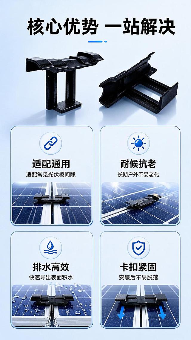 [第2屏] 核心卖点总览。本屏使用【图1】提取产品特征展示。
[氛围/风格] 清晰信息风，浅蓝渐变背景，简约商务质感。
[元素布局] 顶部主标题，下方排列4个图标卖点卡片，2行2列排布，产品主图放在卡片上方占比约30%；产品保持原有外观特征，每个卡片配对应图标和文字。
[光影质感] 均匀柔和补光，整体画面通透干净，卡片信息清晰。
[配色色系] 全局底色 #F0F5FA；主色黑色文字+蓝色图标；辅助色浅蓝卡片底色，深蓝色描边。
[视角构图] 正面平铺构图，信息层级从上到下清晰。
[文字版式] 顶部主标题「核心优势 一站解决」；四个卖点卡片分别是：「适配通用」适配常见光伏板间隙、「耐候抗老」长期户外不易老化、「排水高效」快速导出表面积水、「卡扣紧固」安装后不易脱落，每个卖点标题+小字说明，文字大小适中，手机端清晰可读。
[比例分辨率] 9:16 竖版比例，4K分辨率，高清画质。
[负向提示词] 排版拥挤，文字过小，产品变形，水印，背景杂乱。