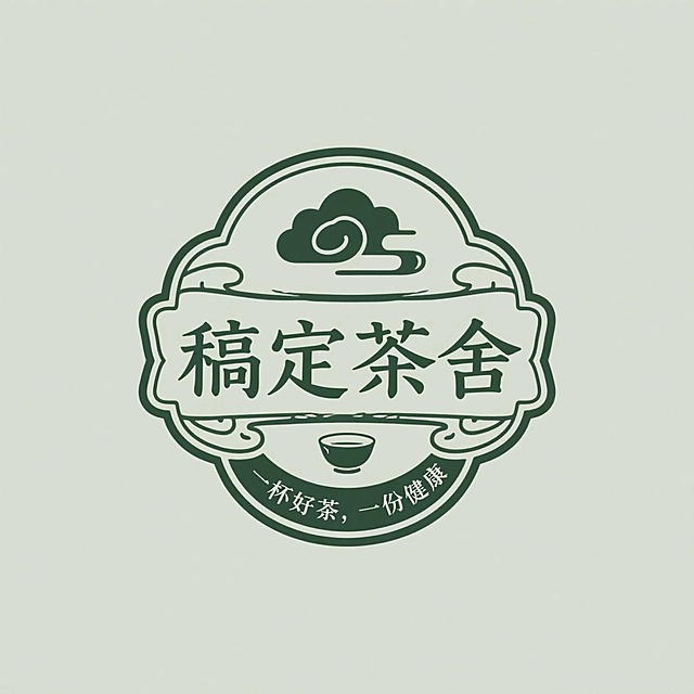 LOGO设计，茶叶logo设计，创意字体设计，篆书复古复刻文字, “稿定茶舍”，古朴的仿篆书风格，结合复古图章、云纹、茶碗，徽章排版形式，艺术构图，精致小巧的字符“一杯好茶，一份健康”，整体浅绿色，简约，高级，禅意，纯色背景