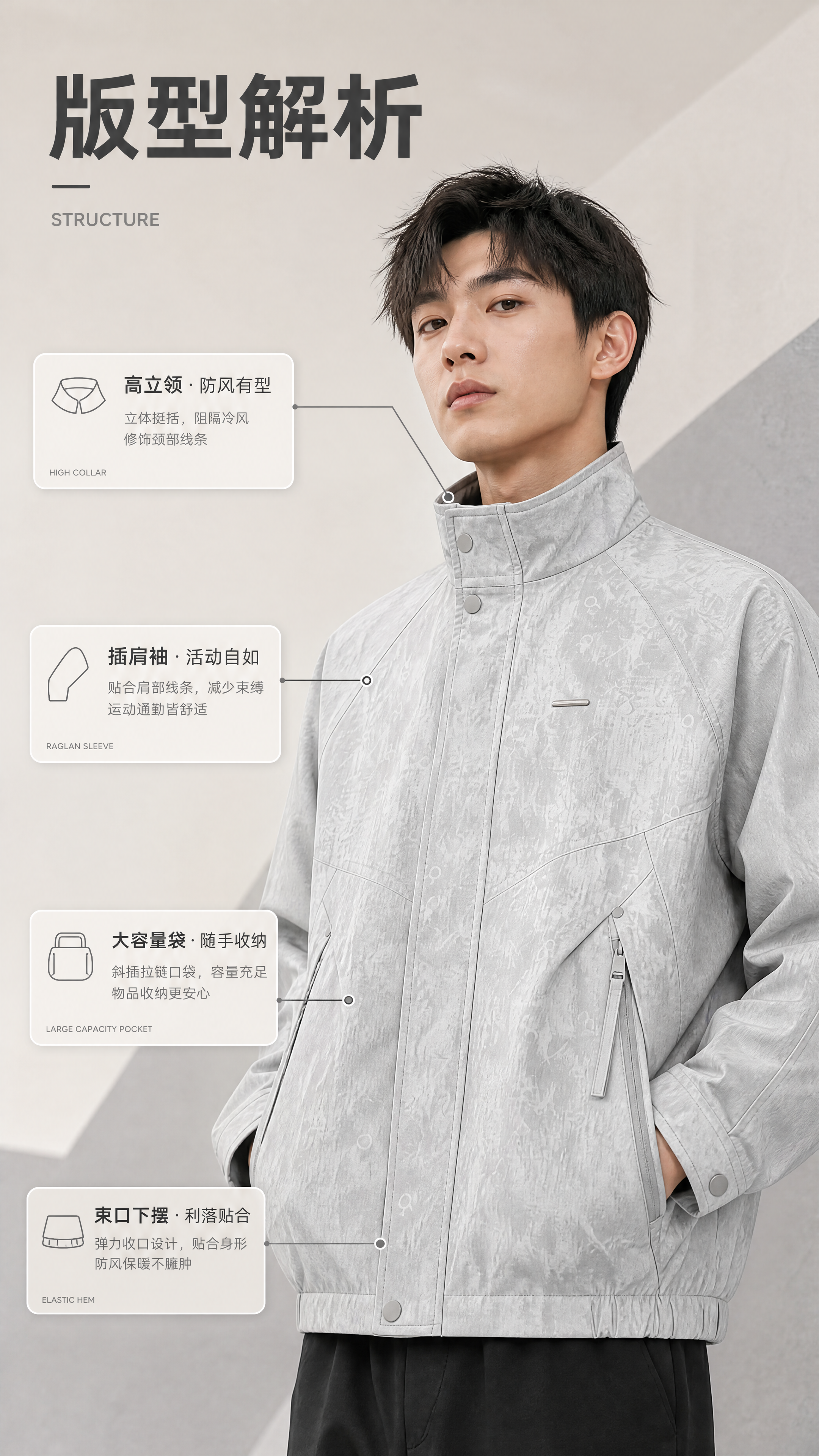 [商品] 使用【图1】浅灰白满版字母图腾印花立领拉链夹克（男士… - 图片创意预览