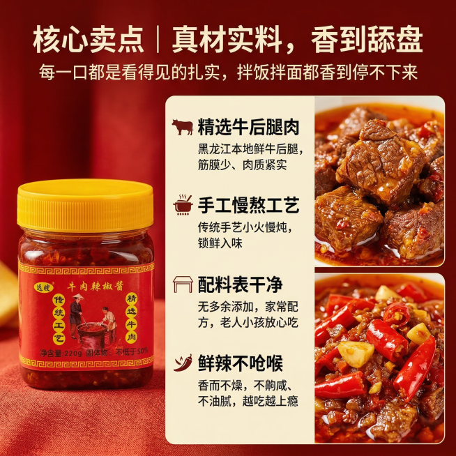 黑龙江牛肉辣酱核心卖点总览主图，左侧放置上传产品图完整牛肉辣酱玻璃瓶，右侧拼接清晰的牛肉粒和红辣椒特写两张图片，真实食欲感，暖光红黄光影，极致质感，激发食欲。背景铺满全屏无边框。主色调为东北红色，辅助预览效果