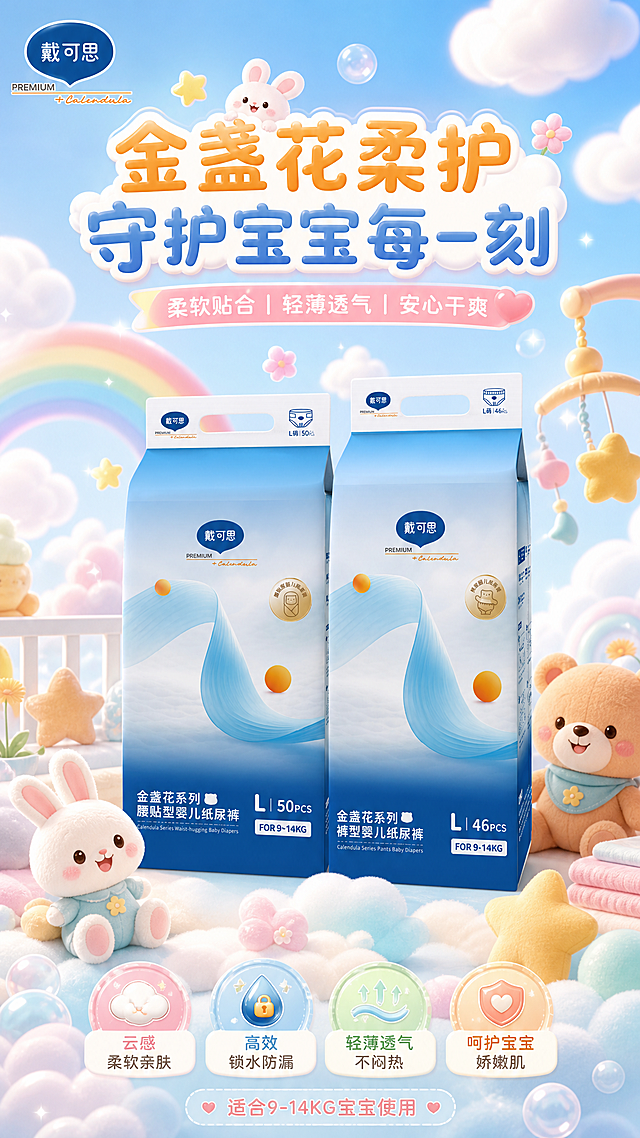 母婴商品宣传海报，主体保留原图中戴可思金盏花系列尿裤包装造型不变，9:16竖版，添加产品卖点，Q版萌系日系可爱插画风格，婴幼儿软萌活泼画风，高饱和马卡龙亮色，清新元气，画面饱满有层次，自然柔光，温馨治愈，适合母婴推广