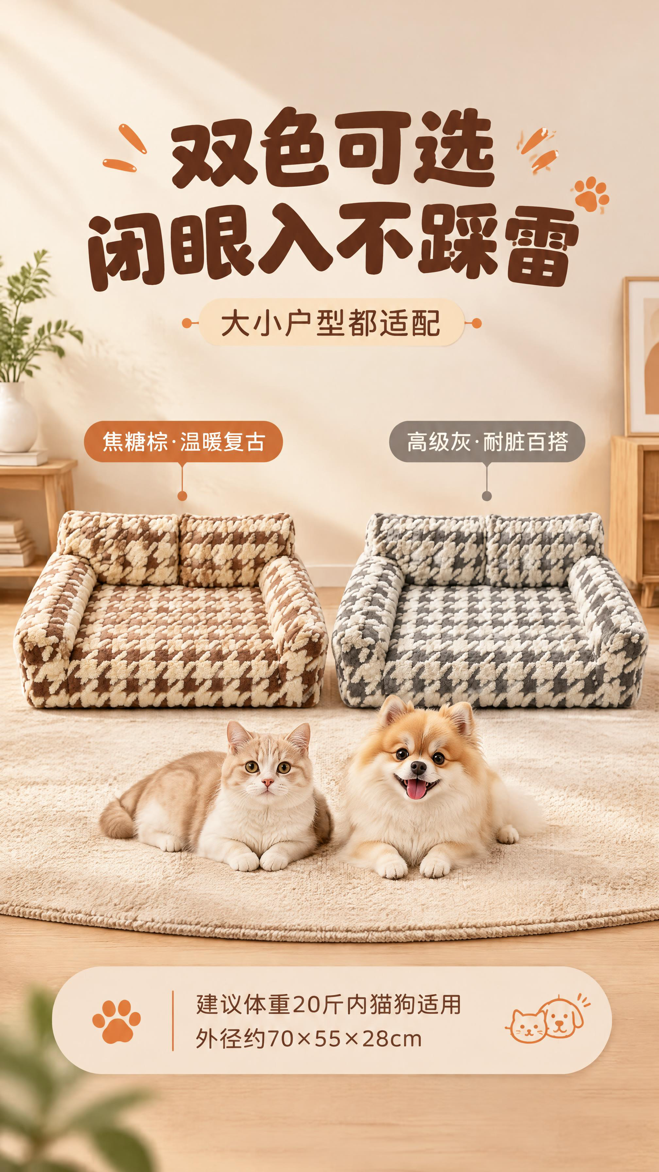 [商品] 使用【图1】焦糖棕千鸟格宠物沙发与【图2】高级灰千鸟… - 图片创意预览