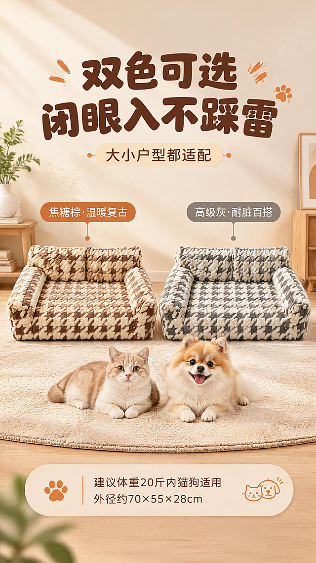 [商品] 使用【图1】焦糖棕千鸟格宠物沙发与【图2】高级灰千鸟格宠物沙发；两款均保留三面环抱靠背、双靠背枕、千鸟格图案、舒棉绒材质、方正造型；分别保留棕米色和灰米色调；商品处理：自然理顺毛绒，增强蓬松质感，两款比例一致，不改变结构。
[画面] 目标：双SKU全家福展示，附尺寸与适用建议。构图：左右并列两款沙发，焦糖棕在左、高级灰在右，底部配尺寸信息条。两款产品各占画面约40%。景别：中景。前中后景：前景同色系圆形地毯、中景两款沙发并列、后景奶白色渐变背景+柔和光影。
[视觉] 套系策略：风格=温馨治愈ins家居风商业摄影；标题字=圆润粗黑体；正文字=简洁圆角无衬线体；主色=奶咖棕米；背景延展=基于奶咖棕米做深浅层级、同色渐变和细腻织物/墙面质感；强调色=焦糖橘，仅用于小面积图标、引线和标签；标题色=深棕咖；正文色=暖灰棕；组件=圆角浅底信息卡、细线引线、软萌圆点点缀；光影=顶部均匀暖柔光，两款光影一致。
[文字] 顶部主标题+副标题，两款下方各配色号标签，底部尺寸建议卡。主标题：双色可选 闭眼入不踩雷；副标题：大小户型都适配；左标签：焦糖棕·温暖复古；右标签：高级灰·耐脏百搭；底部信息：建议体重20斤内猫狗适用 | 外径约70×55×28cm。文字横向排版，不遮挡沙发主体。
[规格] 图片比例9:16竖版，4K分辨率，避免变形、错字、文字过小、两款比例不一致、颜色偏差、风格不统一。