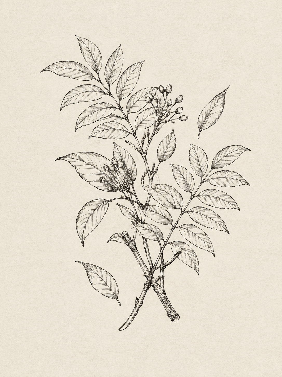 古巴香脂枝叶组合线描简笔画，几支古巴香脂枝条错落搭配，有完整羽… - 图片创意预览
