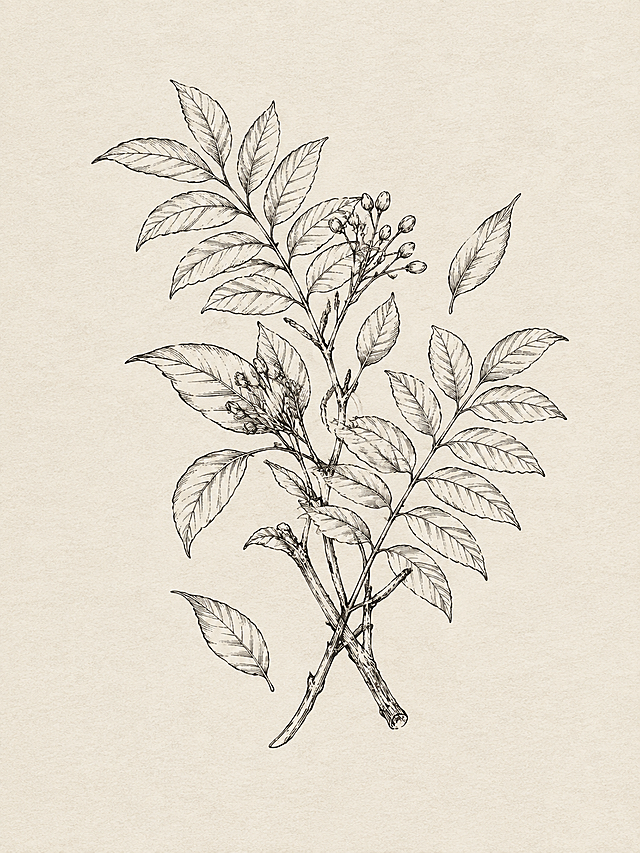 古巴香脂枝叶组合线描简笔画，几支古巴香脂枝条错落搭配，有完整羽状复叶、单独小叶、木质枝条点缀，松散自然的植物组合造型，黑色细线手绘，复古植物速写风格，线条优雅流畅，高级感简约插画，浅米色纹理背景，画面干净留白多，适合古巴香脂精油包装瓶身图案设计
