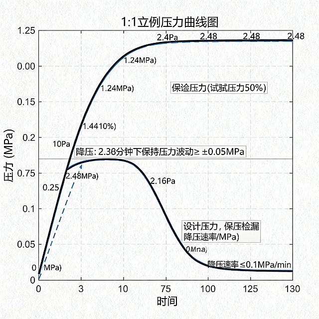 1. 升压阶段：0→0.25MPa（试验压力 10%）→1.24MPa（试验压力 50%）→2.48MPa（试验压力），逐级升压，每级保压稳定后再升温；2. 保压阶段：2.48MPa 下保压 30min，压力波动≤±0.05MPa；3. 降压阶段：2.48MPa→2.16MPa（设计压力，保压检漏）→0MPa，降压速率≤0.1MPa/min。画出压力曲线图