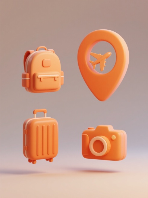 四个完全不同的旅行元素图标，每个都采用与橙色地图标记相同的3D立体风格，光滑圆润的曲面，统一的纯色背景，均匀柔和的光影过渡，简约现代的设计语言，元素包括背包、飞机、行李箱和相机，规整排布形成系列素材集合。预览效果