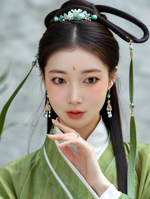 一名身穿绿色系汉服的女生，中式发饰，皮肤纹理清晰，高清商业摄影，半身照，人物特征保持预览效果