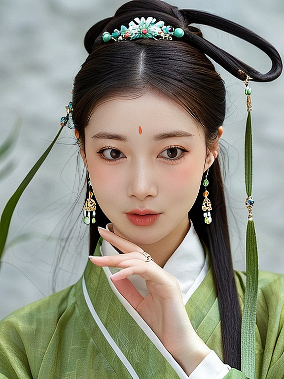 工笔风与刺绣风交融，古典中式美学尽显。女子身着青绿汉服，发饰精致，眉心一点朱砂，眼神温柔含蓄，唯美优雅中透出东方诗意。