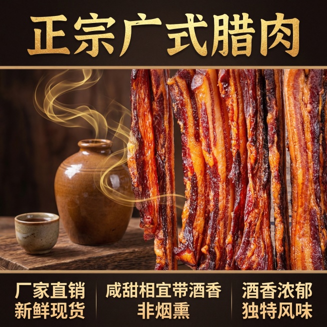 这张图片是产品主体这款产品是广式加瘦腊肉 我需要设计20张主图在拼多多上面售卖    主图场景布局可以用厨房 炒腊肉 腊肉细节等设计一个高级有食欲一些主图文案内容 正宗广式腊肉 厂家直销 新鲜现货 咸预览效果