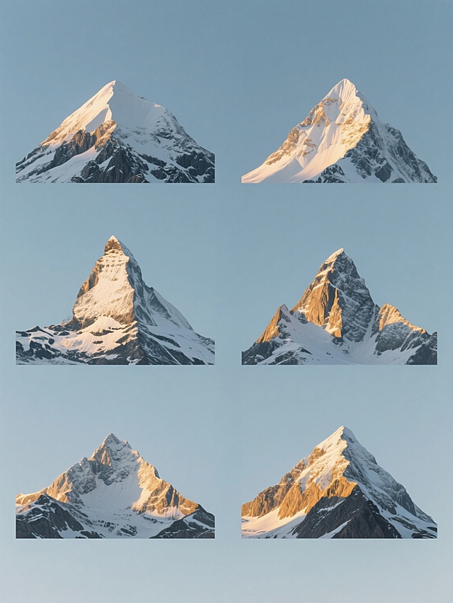 一系列6个不同造型的雪山山峰素材集合，均采用高清摄影写实风格，以纯净的纯色背景规整排布，每个山峰都保留真实雪山的质感与细节——覆盖皑皑白雪的峰顶，岩石裸露的山体纹理，以及如同原图般从侧面照射的温暖金色阳光形成的明暗对比，光影在山体上勾勒出清晰的轮廓与层次，部分山峰可呈现不同的形态特征，如尖顶、平顶、多峰、陡峭山脊或平缓山坡等变化，但保持统一的雪山自然风貌与光影美学风格，整体画面简洁大气，每个山峰元素独立且具有识别度，适合作为系列设计素材使用。