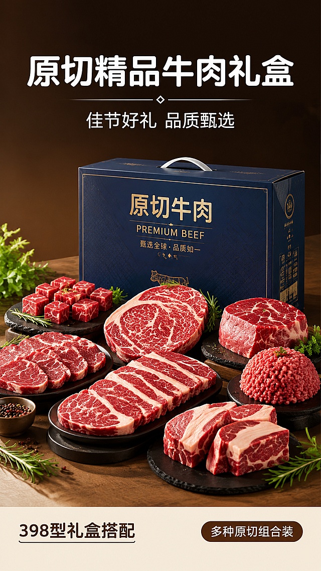 [第1屏] 详情页头图-牛肉礼盒398型高端礼赠宣传海报。
[氛围/风格] 高端生鲜礼赠风，深棕简约背景，突出牛肉新鲜质感，商业摄影食欲感。
[元素布局] 商品礼盒和全部牛肉产品放置在画面中心区域，占比约70%；上方预留主标题区，底部点缀新鲜香草装饰，保持牛肉原切纹理、产品结构、自然颜色还原。
[光影质感] 顶部柔光打光，底部自然投影，牛肉纹理清晰，保留红色肉质光泽和脂肪白色，整体明亮通透，增强食欲感。
[配色色系] 全局底色 #F8F3E9；主色深红色肉质、蓝色礼盒；辅助色深棕背景，白色文字。
[视角构图] 正面45度斜视角，产品组合为视觉中心，阅读动线从上到下：顶部标题 → 中部产品组合 → 底部信息条。
[文字版式] 版式为顶部标题 + 中部产品 + 底部信息条。主标题「原切精品牛肉礼盒」，副标题「佳节好礼 品质甄选」，采用圆角黑体字居中对齐；底部左侧标注「398型礼盒搭配」，右下角标注「多种原切组合装」，文字不遮挡主体产品。
[比例分辨率] 9:16 竖版比例，4K分辨率，文字清晰可辨，高清画质。
[负向提示词] 产品变形，缺件错件，颜色偏差，水印，文字错乱，产品图模糊，肉质纹理不清，背景杂乱。