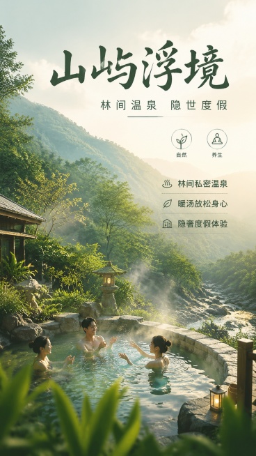 写实商业摄影风格海报，核心主体是山间绿林中的温泉，温泉里有年轻人物在玩耍娱乐，采用全包场景斜视45度视角，暖色调光照，偏清新绿色色彩，整体简约高级感。细节突出山间森林、草木、河流，质感高级真实，弱化A预览效果