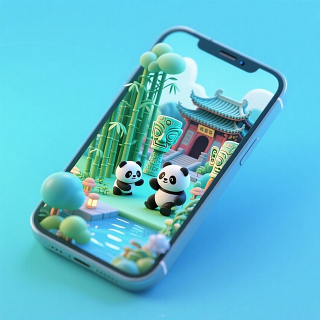 一个手机创意微缩场景，手机平放，侧面对着观众，手机俯视角度，立体的成都景观从屏幕内出来，有熊猫，三星堆，武侯祠，整体色调立体魔幻。青色背景。具有梦幻感,打光营造出柔和氛围强调梦幻和未来感的美学。