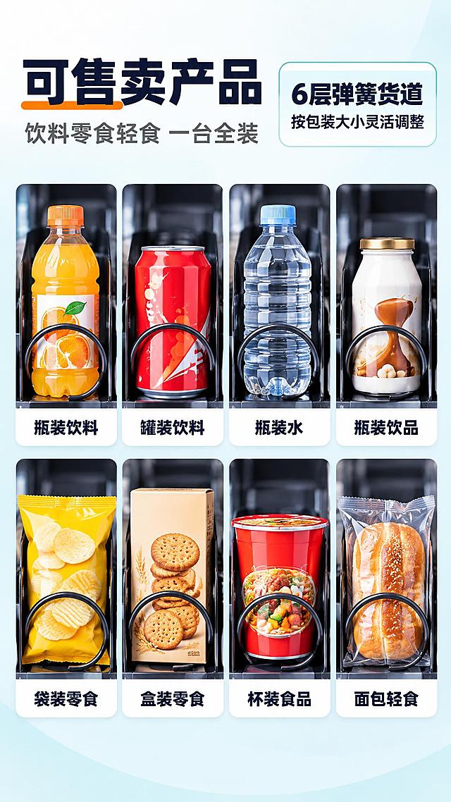 [商品] 参考【图1】触屏制冷大型售货机弹簧货道内的商品陈列真实素材：弹簧货道卡住瓶装饮料与罐装饮料、上层摆放袋装零食与盒装零食；商品包装为市面常见类型，包装文字不虚构成知名品牌，不得出现任何真实品牌标识。
[画面] 电商详情页第9张，商品适配页，目标：说明能卖哪些商品。上方主标题“可售卖产品”，其下副标题“饮料零食轻食 一台全装”。下部为两行四列八格真实实拍商品微距：第一格瓶装饮料（PET 塑料瓶、被弹簧夹住）；第二格罐装饮料（铝罐）；第三格瓶装水；第四格陶瓷罐饮料；第五格袋装薯片零食；第六格盒装饼干；第七格杯装方便食品；第八格面包轻食。每格下方为白色圆角小标签，深蓝黑粗体中文依次为“瓶装饮料”、“罐装饮料”、“瓶装水”、“瓶装饮品”、“袋装零食”、“盒装零食”、“杯装食品”、“面包轻食”。上方文本框右侧放一张浅青描边圆角卡片，深蓝黑粗体中文“6层弹簧货道 按包装大小灵活调整”。
[视觉] 套系策略：风格=明亮浅色商业静物摄影；标题字=现代无衬线粗体；正文字=简洁无衬线体；主色=浅白 #F7FAFC；背景延展=浅白到浅青渐变加细腻磨砂质感；强调色=橙色 #FF7A18 仅用于小面积标签描边与序号；标题色=深蓝黑；正文色=中灰；组件=白色圆角卡片配青绿细描边、橙色圆形序号；光影=左前侧柔和棚拍光配自然接触阴影。
[文字] 标题不超过十字，副标题不超过十六字，标签为短词；所有文字仅横排，不得竖排、旋转、斜排；文字不与商品重叠；商品包装上不得出现任何真实品牌名称、广告语或英文字母；画面底部不放任何文字条或小字。
[规格] 图片比例9:16竖版，2K高清，商品清晰，文字无乱码；负向：变形，错字，乱码，品牌标识，英文字母，黑色背景，深色背景，暗色调，水印，平台Logo，二维码，竖排文字，旋转文字，底部文字条，画面底部小字。