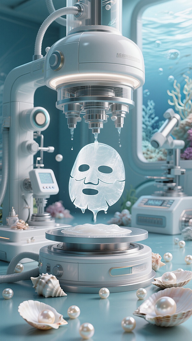 特写美妆实验室的机器中间正在悬浮制作一张半透明质地Q弹的淡白色面膜 ；周围是珍珠和贝壳；机器融合海洋生态元素；高级简约