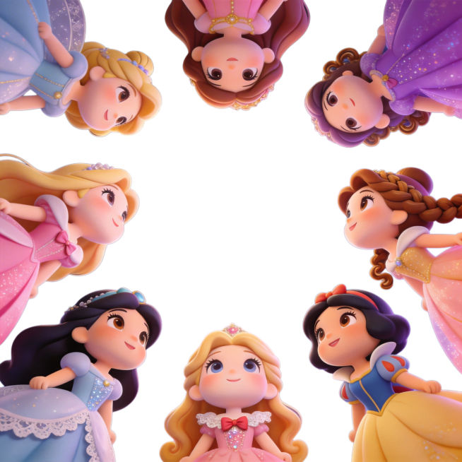 镜头拉远，重新调整公主站位避免脸贴脸，强化面部、头发、裙子细节，Q版2头身迪士尼9位公主在深夜夜幕下仰头看城堡烟花预览效果