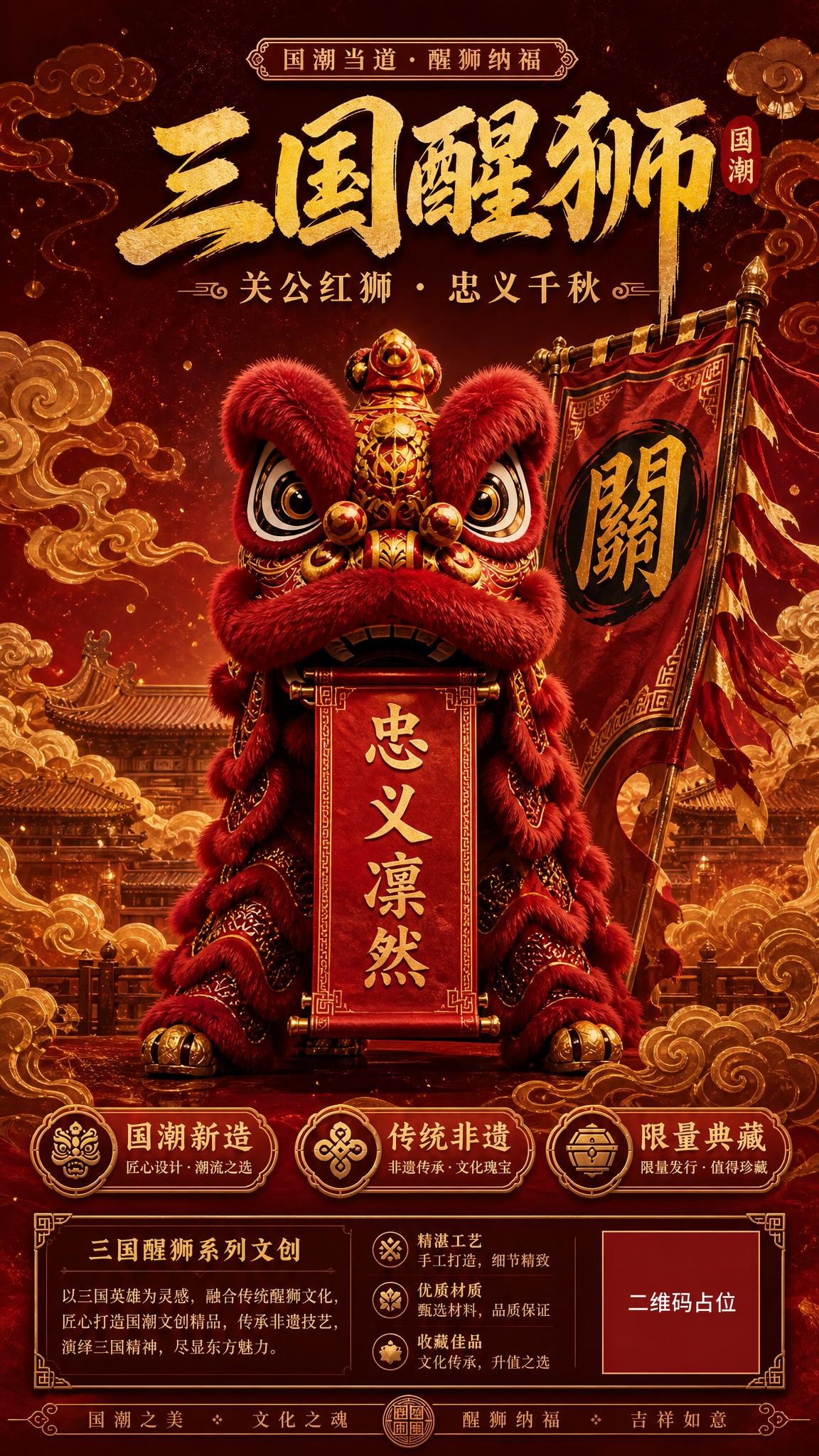 国潮醒狮海报，画面主体是一只关公红狮，朱砂红色狮身#A0202… - 图片创意预览