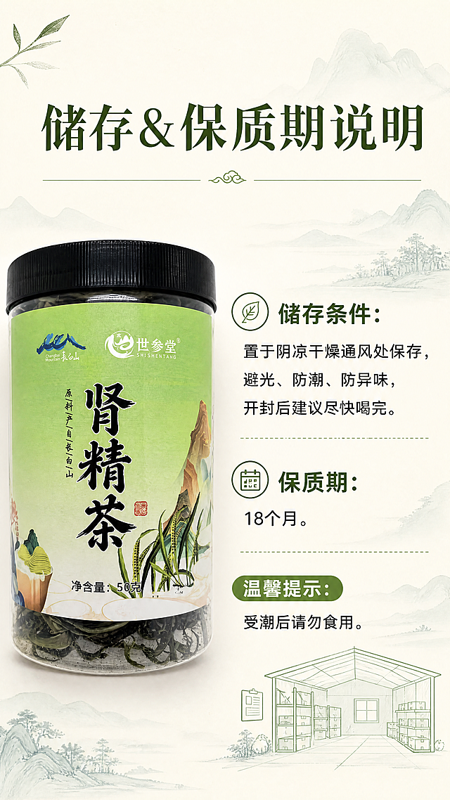[第5屏]储存说明页，肾精茶保质期储存说明竖版详情海报，图1放密封罐特写，角落加阴凉仓储简笔插画，米白底色加浅青绿山水暗纹，浅绿简约分栏排版，绿色标题大字。保持罐体外观一致。文字：标题“储存&保质期说明”，🔸储存条件：置于阴凉干燥通风处保存，避光、防潮、防异味，开封后建议尽快喝完。🔸保质期：18个月。温馨提示：受潮后请勿食用。9:16，4K，文字清晰，负向：罐体变形，文字模糊。