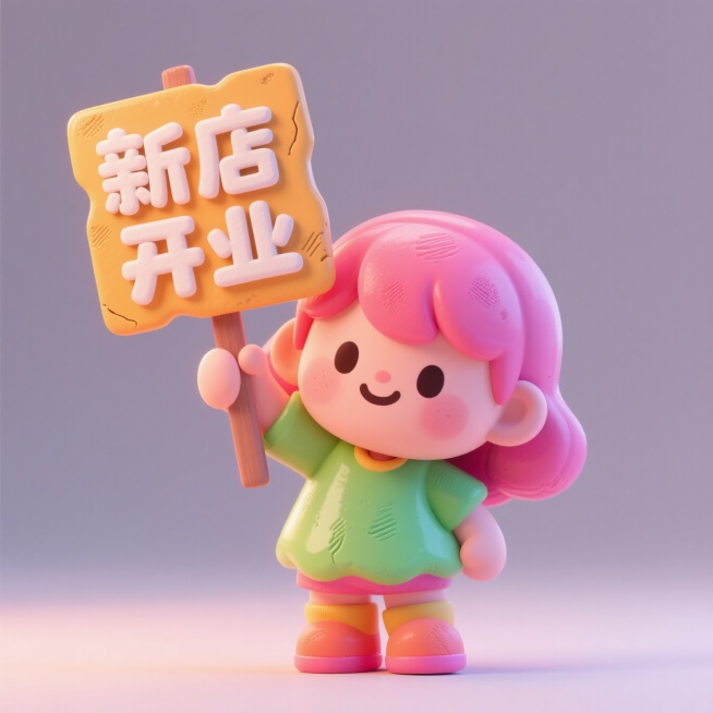 一个可爱的小女孩，手里举着“新店开业”预览效果