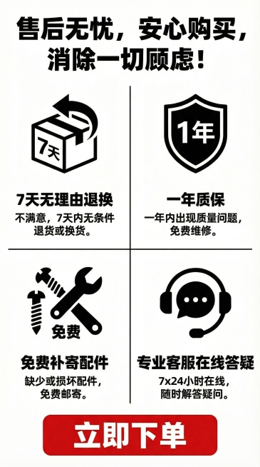 淘宝详情页售后保障说明图，9:16比例，清晰列出售后保障服务：7天无理由退换、一年质保、免费补寄配件、专业客服在线答疑，用醒目的图标和文字强调，消除用户的购买顾虑，字体用粗黑体预览效果