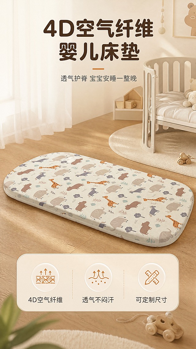 [商品] 使用【图1】【图2】4D空气纤维婴儿床垫，动物印花款（长颈鹿、大象、河马图案）；保留床垫椭圆形轮廓、厚度、印花图案、面料纹理和整体结构；自然去除拍摄环境杂物，修复面料平整度，增强印花清晰度和面料质感，不改变产品形态与图案。
[画面] 首屏海报，目标展示产品全貌与核心价值。居中偏上放置床垫主体，产品占画面约55%，柔和俯视角度；背景为温馨婴儿房场景（参考图3风格：原木色地板、白色纱帘、柔和自然光），前中后景层次分明，营造温暖安心的母婴氛围；上方留白放标题区，下方放卖点图标区。
[视觉] 套系策略：风格=温馨母婴风商业摄影；标题字=圆润粗黑体；正文字=简洁圆角无衬线体；主色=奶杏米白；背景延展=基于奶杏米白做深浅层级、同色渐变和细腻织物/木质质感；强调色=柔和橙棕，仅用于小面积图标、引线和标签；标题色=深暖棕；正文色=中暖灰；组件=圆角浅底信息卡、细线引线、软萌图标；光影=左前侧暖柔光、自然窗光。
[文字] 上方主标题"4D空气纤维婴儿床垫"，副标题"透气护脊 宝宝安睡一整晚"；下方3个圆形图标卖点："4D空气纤维"、"透气不闷汗"、"可定制尺寸"，文字横排，不遮挡床垫主体印花。
[规格] 图片比例9:16竖版，4K，避免变形、错字、文字过小、冷蓝/冷灰背景、图案错乱、产品结构失真、极限词。