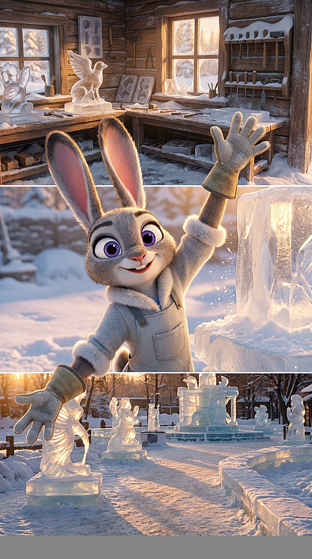 卡通感与3D风结合，拟人化的兔角色在雪屋中创作冰雕，重拟物风格呈现细腻质感，光影与体积感营造温馨梦幻的冬日场景。
