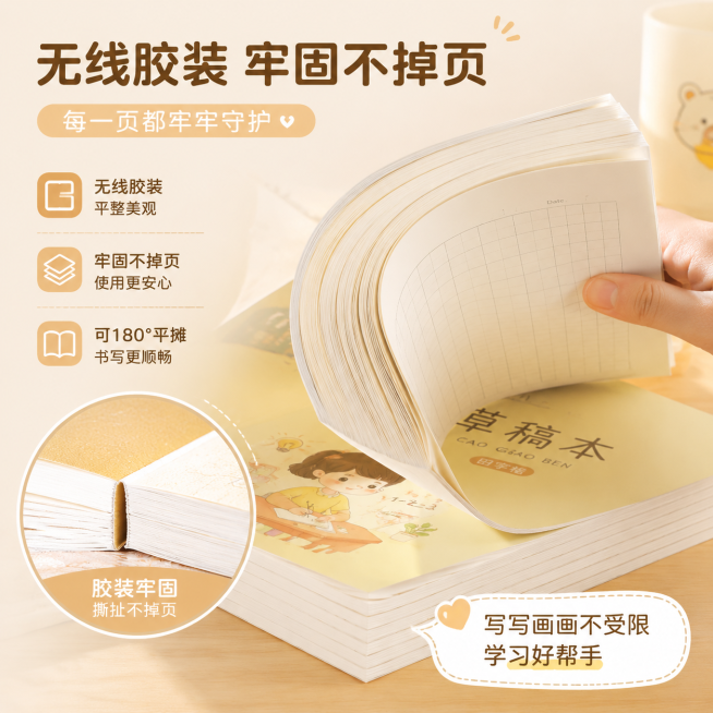 小学生无线胶装草稿本电商主图，简约ins暖色调，展示装订工艺，突出牢固不掉页的卖点预览效果
