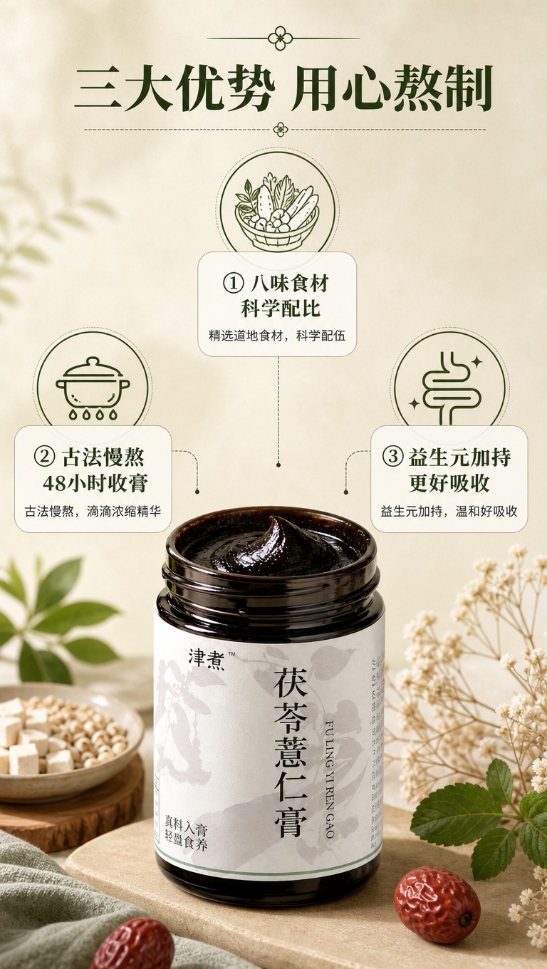 [商品] 使用【图3】津煮茯苓薏仁膏膏罐特写；保留玻璃膏罐外观… - 图片创意预览