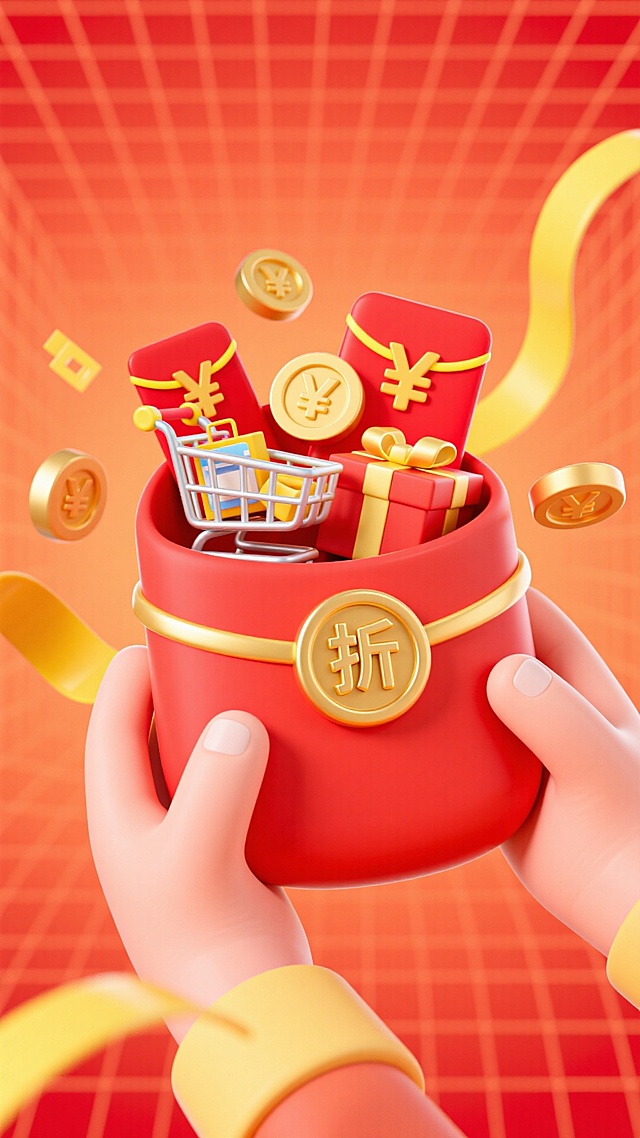 两只手捧着的红色大红包（带有 “折” 字金币扣），红包里装满有装满商品的购物车、红包、¥金币、礼盒等元素，装饰带有黄色彩带元素，背景为橙红网格渐变，热闹的促销氛围
