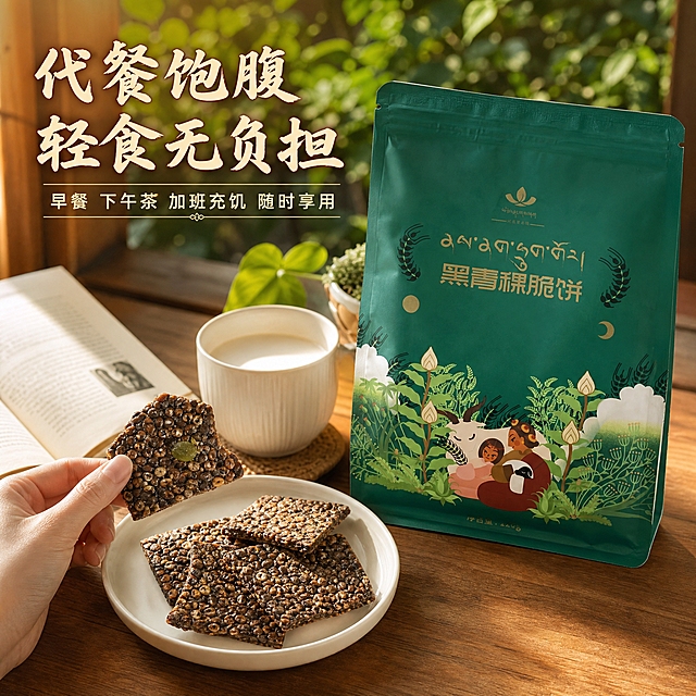 [主图-4] 场景与体验代入，展示日常代餐食用场景。
[统一基调] 整体风格为自然高原暖调食欲风，背景主色为深绿渐变到暖金，标题字色为米白+浅金描边，辅助字色为暖棕色，强调色为藏式金色，字体为粗厚国风书法标题字+清爽黑体辅助字，卡片用圆角半透明深绿卡，点缀藏式祥云与青稞麦穗元素。
[画面] 温馨原木餐桌场景，产品包装袋立在画面右侧，占比约35%；左侧白色陶瓷盘里放着3-4块黑青稞脆饼，旁边有一杯热牛奶/清茶，还有一本翻开的书；一只手正拿起一块脆饼准备食用，手部自然不夸张；背景为窗边自然光，有绿植虚化点缀，营造早餐或下午茶代餐氛围。
[光影质感] 窗边自然柔光，暖调明亮，食物有自然光泽，桌面有柔和阴影，整体生活感摄影质感，温暖治愈。
[配色] 原木色桌面+白色餐具+深绿包装+暖调自然光，整体暖色系温馨感。
[文字版式] 左上角主标题：代餐饱腹 轻食无负担，下方小字：早餐 下午茶 加班充饥 随时享用，文字小而精致，不抢画面主体。
[输出要求] 1:1正方形，2048px，场景自然真实，产品清晰不变形，文字清晰无错字，无水印无平台Logo，禁止人物面部出现。