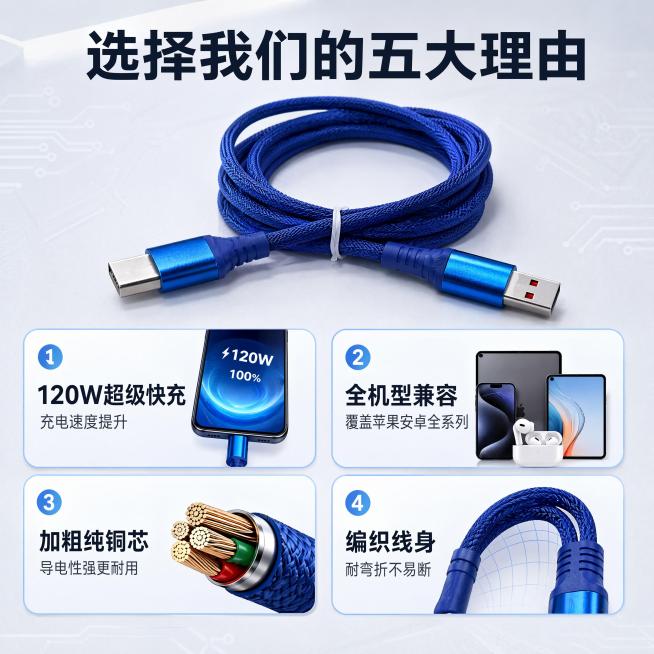 [主图-2] 推荐理由卖点展示，蓝色编织快充数据线五个核心卖点。氛围风格：统一科技感数码风格，信息层级清晰，拼多多直白风格。画质：商业摄影质感，光线通透，产品清晰真实，画面干净高级。元素：顶部放置产品预览效果