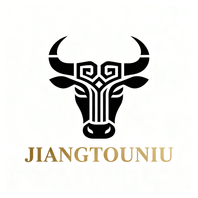 手工牛肉面品牌犟头牛的Logo设计，图形标Logo，将英文JIANGTOUNIU字母组合拼接成抽象牛的剪影轮廓，图腾样式，扁平化设计风格，雅致轻奢调性，融入东方美学，新颖高级，中心对称构图，几何构建，预览效果