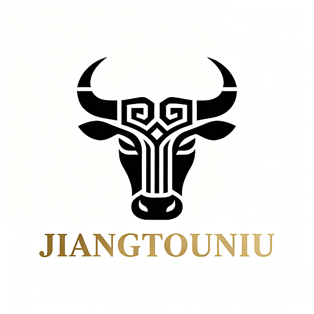 手工牛肉面品牌犟头牛的Logo设计，图形标Logo，将英文JIANGTOUNIU字母组合拼接成抽象牛的剪影轮廓，图腾样式，扁平化设计风格，雅致轻奢调性，融入东方美学，新颖高级，中心对称构图，几何构建，纯图形设计，白色背景