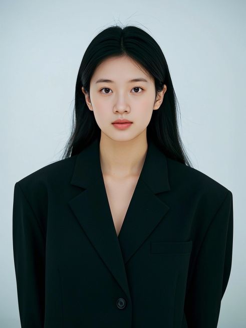 女生，白底证件照，黑色西装，正面，黑色发型长发预览效果