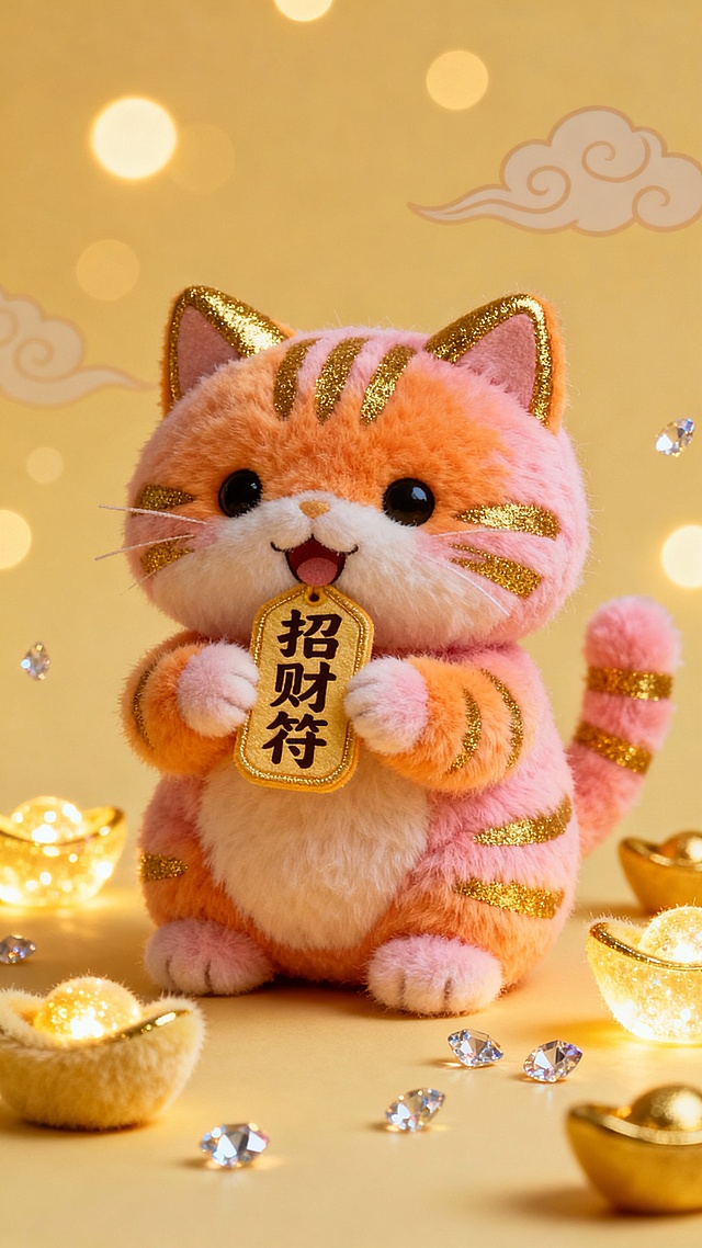 毛茸茸招财猫，橘色 / 粉色绒毛带金色条纹，耳朵尖染金，嘴里叼着招财符，周围环绕发光的毛绒元宝 + 碎钻，背景是暖黄色光斑 + 简约祥云，整体低饱和度软萌风