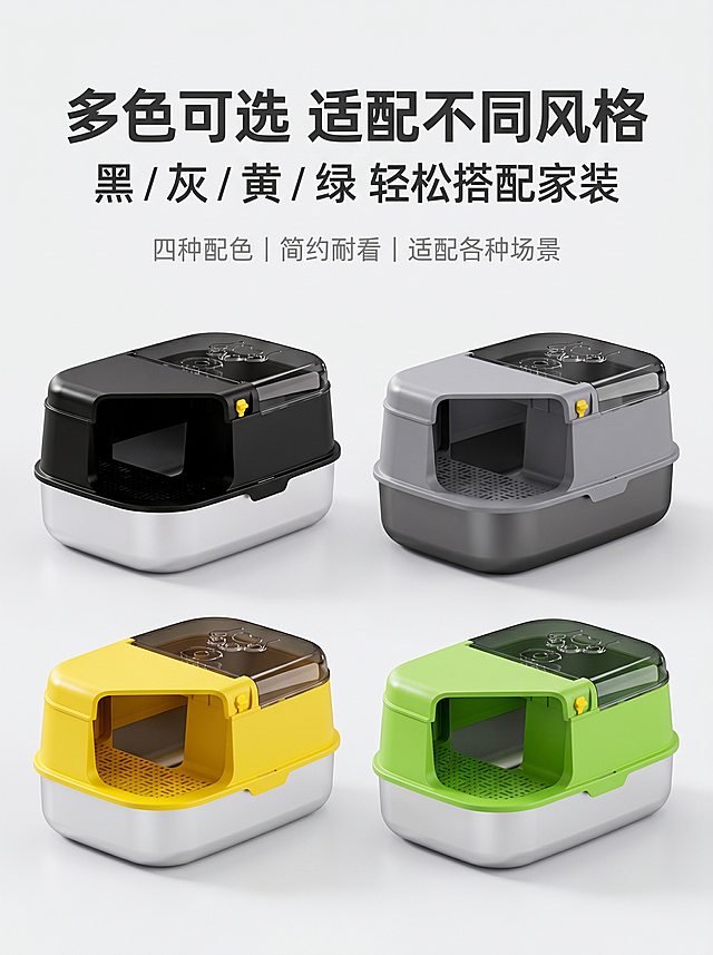 [详图 8] 多色可选细节详图。
[氛围风格] 现代简约产品详图风格，整体风格光影和之前保持统一
[画质] 商业摄影质感、光线柔和通透、产品清晰真实、画面干净高级，文字清晰可辨，超高清
[元素] 整齐展示黑色、灰色、黄色、绿色四种配色的猫砂盆，2×2宫格排列，每个猫砂盆都保持外观结构、材质质感与输入产品图绝对一致，配色分别对应四种颜色，杜绝任何变形和色差，精细化处理。背景为干净浅灰色渐变背景，突出不同配色产品。四种产品整齐排列，顶部留出文案区域。
[光影] 均匀布光，每个产品光照一致，明暗自然，清晰展示不同颜色效果。
[配色] 浅灰背景衬托四种产品配色，每种颜色自然真实，文字深灰清晰对比，保持风格统一。
[视角构图] 平视视角，四色产品宫格整齐排版，画面满铺无边框，景深适中。
[文字版式] 顶部居中留安全边距，主标题："多色可选 适配不同风格"，大号粗体深灰色；副标题："黑 / 灰 / 黄 / 绿 轻松搭配家装"，字号约为主标题一半；小字："四种配色｜简约耐看｜适配各种场景"，更小字号浅灰色。文字不遮挡产品展示区域。
[比例分辨率] 3:4 比例，1536x2048px，2k分辨率
[负向提示词] 变形，水印，文字错乱，产品图模糊，背景杂乱，遮挡主体