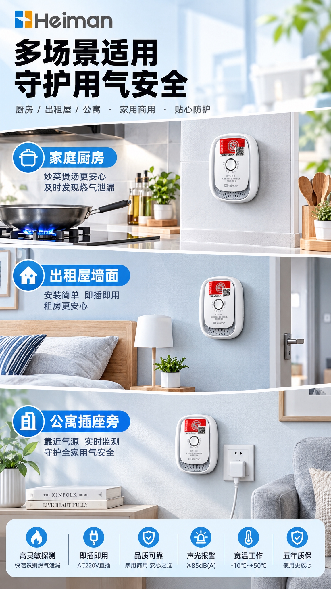 京东电商详情页第6张场景应用页，独立可燃气体报警器，三格场景拼… - 图片创意预览