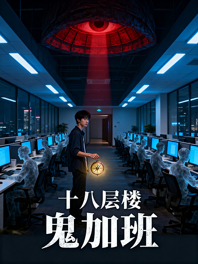 竖版小说封面图，3:4比例。深夜办公楼层，冷蓝色荧光灯管照明，两侧是一排排工位，屏幕泛着幽蓝微光，每张椅子上坐着半透明的灰色人影，正在"加班"。画面中央偏左，一个年轻人站在走廊尽头，手握一枚铜色罗盘，罗盘发出淡淡的金色光芒。天花板上方有一个暗红色的穹顶结构，形如半睁的眼睛，射出一道暗红光柱。整体深蓝黑色调，冷蓝荧光+暗红穹顶光+铜金罗盘光三种光源。诡异压抑的都市灵异氛围，中国城市写字楼背景。画布底部留10%暗色区域。电影级光影，高细节。画面中间添加特大号变异体文字，分两行，第一行"十八层楼"，第二行"鬼加班"，字体要显眼突出。反向提示词：明亮色调，卡通，二次元，3D渲染，低质量，模糊，水印，额外文字，人物面部特写，暖色光源