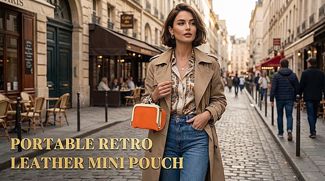 A stylish European and American woman carrying this orange retro leather mini jewelry bag, portable and elegant, in a street scene, English text "Portable Retro Leather Mini Pouch"